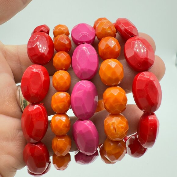 Vtg Multicolor Faceted Bead Stretch Bracelets Red Orange Pink Plastic Set of 5 - Picture 2 of 7